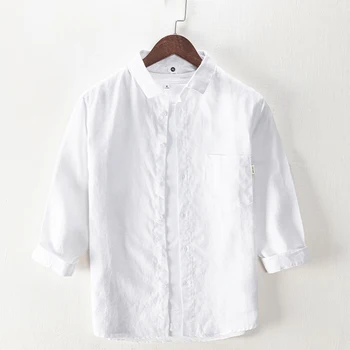 100% Linas, trijų ketvirčių rankovėmis balti marškiniai vyrams, prekės atsitiktinis kvėpuojantis marškinėliai vyrams kietas patogus shirt mens chemise viršūnės