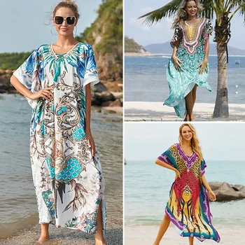 2022 Boho Daugiaspalvis Spausdinimas Trumpomis Rankovėmis Beach Suknelė Moterų Maudymosi Kostiumėlį, Kūno Įvyniojimas, Kaftan Sarongas Paplūdimio Suknelės, Kimono