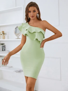2022 M. Vasarą Naujų Mėtos Žalumo Vieną Petį Domino Pynimas Bodycon Tvarstis Mini Suknelė Moterys Išeina Vakare Klubo Šalis Suknelės