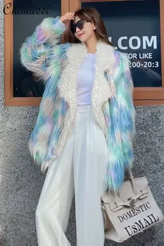 2022 m. Žiemos Sutirštės Moterų Mados Elegantiškas Kailis Vidutinio Ilgio Striukė Ponios Streetwear Tendencija Kostiumas Atvartas Ledų Mėlyna Pūkuotas Kailis