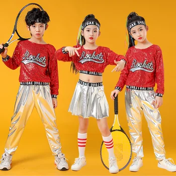 2022 NAUJA Raudona Vaikai Vaikai China Hip-Hop Šokio Kostiumų Blizgančių Etape Džiazo Šokio Kostiumai Kostiumas Mergaitėms Pasėlių Viršaus ir Kelnės
