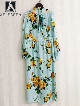 AELESEEN Mados kilimo ir tūpimo Tako iki 2022 m. Pavasario Vasaros Elegantiškas Ilgas Sicilijos Suknelė Moterims Mėlynos spalvos Gėlių Spausdinti Diržo Visas Šalis Atostogų
