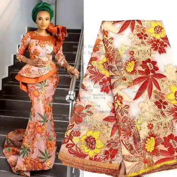 Afrikos Gild Žakardo Nėrinių Audinys, Lapų ir Gėlių Modelio prancūzijos Brokatas Organza Medžiagos Nigerijos Tiulio Net Vakare Gown
