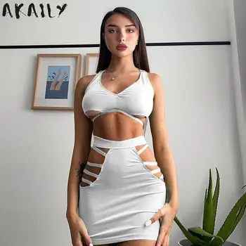 Akaily Rudenį Balti Sexy 2 Dviejų Dalių Sijonai, Komplektai Moterų 2021 Rave Komplektus Rankovių Pasėlių Viršuje Tuščiaviduriai Iš Suknelė Rinkiniai Tinka Ponios