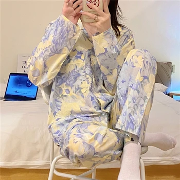 Aliejaus Tapybai Gėlės Pavasarį Pižama Nustatyti Moterų Korėjos Sleepwear Laisvas Minkštų Atsitiktinis Dviejų Dalių Namo Kostiumas Sweet Atsitiktinis Homewear