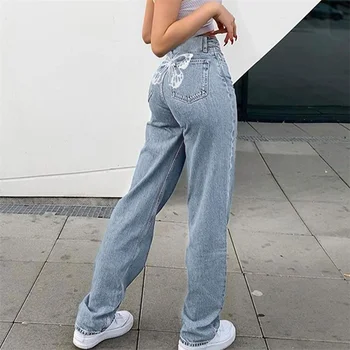 Aukštos Juosmens Džinsai Moterų Kelnės Rudens Mados Drugelis Spausdinti Tiesiai Džinsinio audinio Kelnės High Street Harajuku 90s Džinsai Streetwear
