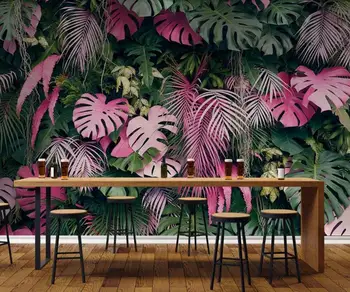Custom sienų tapetai, 3D rožinė žalia atogrąžų miškų augalų fone, sienos dekoratyvinis dažymas