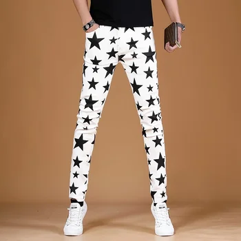 Džinsai Vyrams Balta Vasaros Mados Žvaigždės Skaitmeninis Spausdinimas Kelnes Streetwear Atsitiktinis Tiesiai Slim Fit Denim Kelnės CP1633