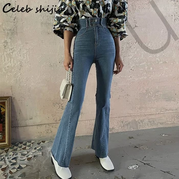 Elegantiškos Vintage Džinsai Moterims High Waisted Elastinga Džinsinio Flare Kelnės Moterims Apačioje Korėjos Mados Streetwear Džinsai Mama