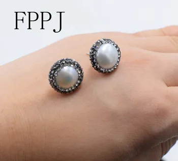 gėlavandenių perlų balta moneta stud auskarai fppj didmeninė karoliukai