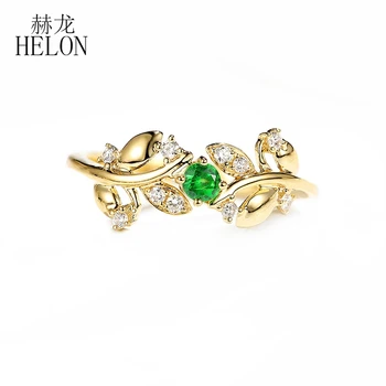 HELON Kietas 14 KARATŲ Geltonasis Auksas 0.12 ct Gamtos Smaragdas & 0.10 ct Deimantinis Sužadėtuvių, Vestuvių Moterų Madinga Lapų stiliaus Fine Jewelry Žiedas