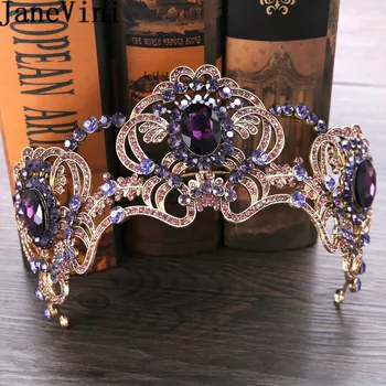 JaneVini Vintage Gold Tiara Lankelis Baroko Karūna Violetinė Crystal Vestuvių Plaukų Papuošalai Prom Šalies Rožančiai Bijoux Cheveux Mariage