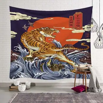 Japonų Meno Gobelenas Azijos Tigras Didžiosios Bangos Sienos Kabo
