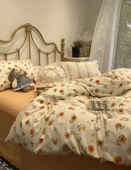 Kaimiškas sielovados oranžinės spalvos patalynės komplektas,mielas gėlių triušis medvilnės twin visą karalienė namų tekstilės butas lapas pagalvės užvalkalą antklode padengti