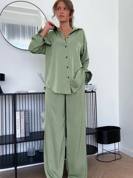 Linad Prarasti Moterų Namų Drabužius 2 Gabalas Rinkinių, Žalia Pižama ilgomis Rankovėmis Moteriška Kelnių Kostiumai 2023 Pavasario Atsitiktinis, Kietas Sleepwear