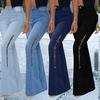 Moterų elastiniai džinsai aukšto juosmens kietosios spalvos kelnės moterų varpas nuosėdos stora džinsus džinsų pusėje išskaptuotas