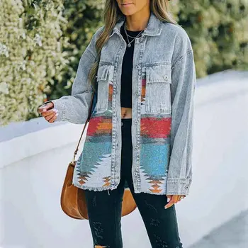 Moterų Kratinys Džinsinio Striukė Spausdinti ilgomis Rankovėmis Atvartas Mygtuką Megztinis Rudenį, Pavasarį Atsitiktinis Kailis 90-ųjų Derliaus Streetwear