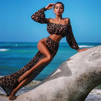 Moterų Leopard Danga-Ups Seksualus Off Peties Pasėlių Top Aukštos Padalinta Ilgas, Maxi Sijonas Moteris Vasaros Paplūdimio Atsitiktinis Paplūdimio Swimwears Naujas