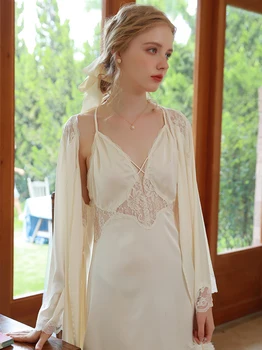 Moterų Pavasario Prancūzijos Šilko Princesė Pižama Nightgowns Viktorijos Sexy Nėrinių Spageti Dirželis Backless Suknelė Skraiste Namų Sleepwear