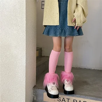 Moterų Šonkaulio Mezgimo Šiluminės Kelnės Japonijos Studentų Babes Tūkstantmečio Stiliaus Kailio, Trikotažo Skydelis Y2k Kelio Kojinės Su Kailio Apdaila Prie Rankogalių Kojinių