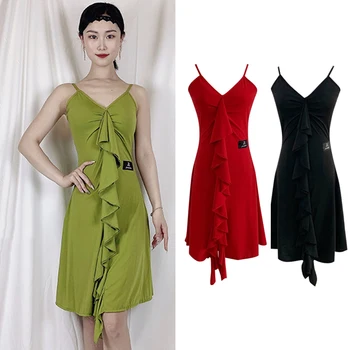 Naujas lotynų Šokių Suknelės Moterims Suspender Banga Susiėmę Žalia/Balck Raudona Samba Salsa Suknelė Suaugusiųjų Praktikos Drabužiai Dėvėti DNV14447