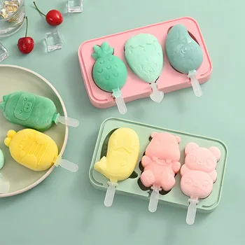 Popsicle Pelėsių Su Dangteliu Ir 4 Daugkartinio Naudojimo Popsicle Lazdos Animacinių Filmų Vaisių/Gyvūnų Formos Minkštas Silikoninis Popsicle Formų Ice Cream Maker