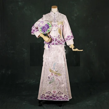 Rožinis Purpurinis Deimantas Subtilus Siuvinėjimas Tradicinės Kinų Vestuvių Hanfu Nuotaka Kostiumas Xiu Jis Fu, Vestuvių Fotografija