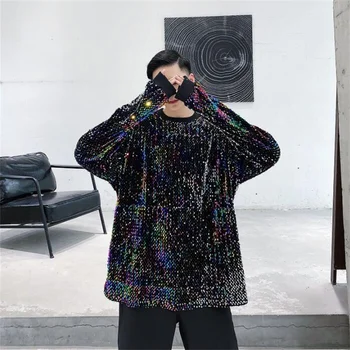 Rudenį china megztinis vyrų vaivorykštė ilgomis rankovėmis hip-hop street prarasti dainininkas kostiumai etape mados drabužių apvali apykaklė