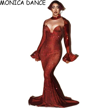 Seksualus Stadijos Paūmėjimo Rankovėmis Raudona Kalnų Krištolas Šalies Mermaid Dress Moterų Gale Suknelė Dainininkas Stadijoje Kristalai Vakare Gimtadienio Suknelė
