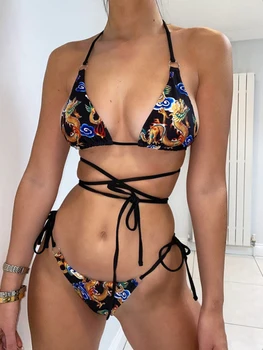 Sexy Vasaros maudymosi Kostiumėliai, Dviejų dalių Bikini Kinų Stiliaus Pririšti 2022 Naujas Trikampis Taurės Moterų maudymosi kostiumėlį