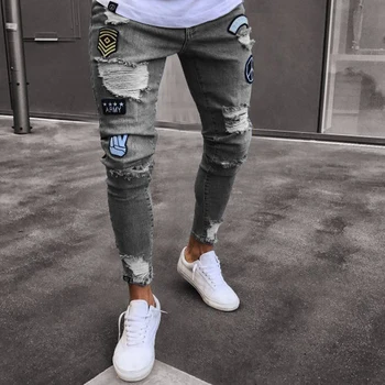 Streetwear Mens Liesas Džinsus Siuvinėjimo Animacinių Filmų Spausdinti Ripped Jeans Hip-Hop Ropa Hombre Sunaikinta Džinsinio Audinio Kelnės Pentalon Homme