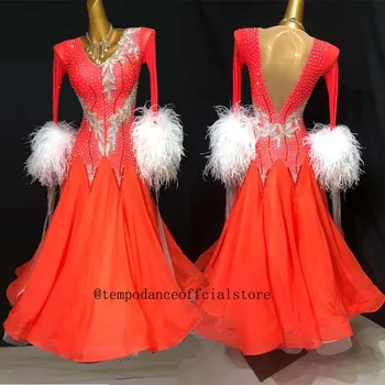 Stručio Plunksna Standartinių Šokių Suknelė Sportinių Šokių Suknelė Moterims Pramoginiai Konkurencijos Kostiumas Lycra Valsas Etape Kostiumas Oranžinė