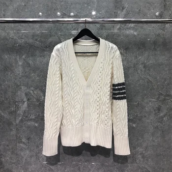 THOM TB Vyrų Megztinis Autunm Žiemos Prabangos Prekės ženklo Moterų Džemperis Klasikinis Aran Kabelis 4-Baras Juostelės Megztinis Baltas Purus Viršų