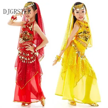 Vaikai pilvo šokio 6pcs(top+ziajać+diržas+galvos grandinės+vertus, grandinės+šydas) indijos drabužius rose/raudona/geltona merginos pilvo šokio kostiumas