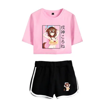 Vasaros Moterų Rinkiniai Anime Inugami Korone Trumpas Rankovės Pasėlių Top + Shorts Prakaito Tinka Moterims Tracksuit Dviejų dalių Komplektus streetwear