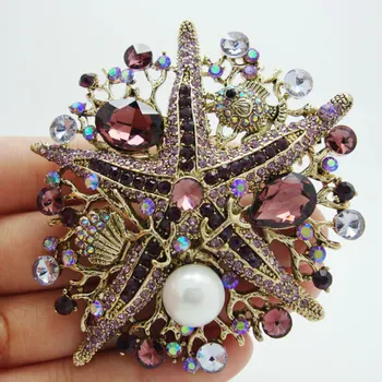 Vintage Stiliaus Žvaigždė Perlų, Aukso Atspalvių Sagė Pin Pakabukas Violetinė Krištolas Kalnų Krištolas