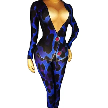 Įvairiaspalvis Ilgomis Rankovėmis Leopard Seksualių Moterų Kostiumas Mygtuką Jumpsuits Klubas Drag Queen Rave Komplektus Mados Šou Scenoje Kostiumai