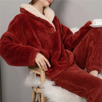 Žiemos Šiltos, Raudonos Aksomo Pajama Nustatyti Moterų Namų Satino Sleepwear Mados Patogus Pliušinis Minkštas Šilko Naktiniai Drabužiai